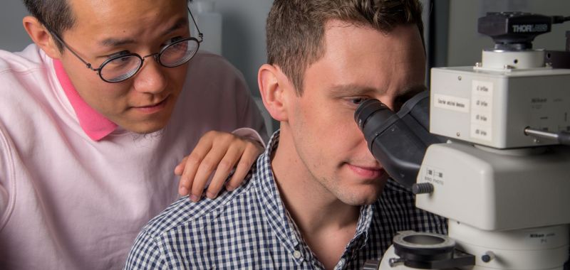 Lead author Heyou Zhang (left) and collaborator Calum Kinnear (right) working with a microscope