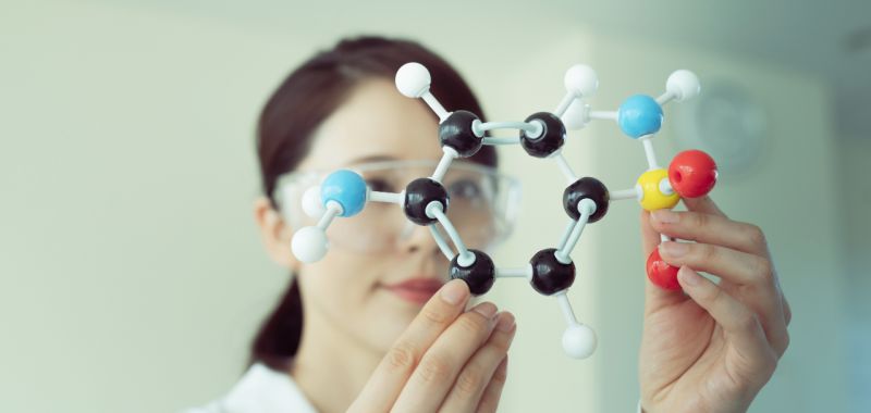A scientist in a white coat holds up a model of a chemical structure