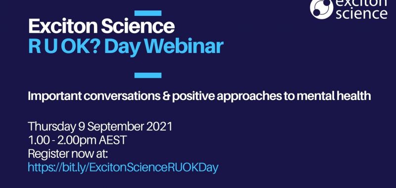 A banner image of blue background and white text promoting the Exciton Science RUOK Day webinar