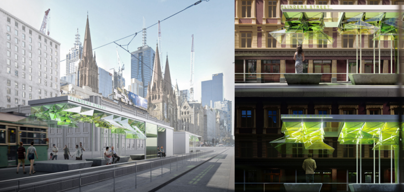 A two-part image. On the left is an artist's impression of the Flinders Street railway station platform in Melbourne, with a shelter covering passengers from weather made using bright green fluorescent material. On the right is a different angle of the same space during night-time.