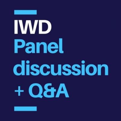A blue image featuring light blue and white text stating IWD Panel discussion + Q&A.