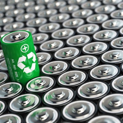 An image of a green battery with the recycling symbol among a number of other conventional batteries