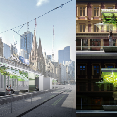 A two-part image. On the left is an artist's impression of the Flinders Street railway station platform in Melbourne, with a shelter covering passengers from weather made using bright green fluorescent material. On the right is a different angle of the same space during night-time.