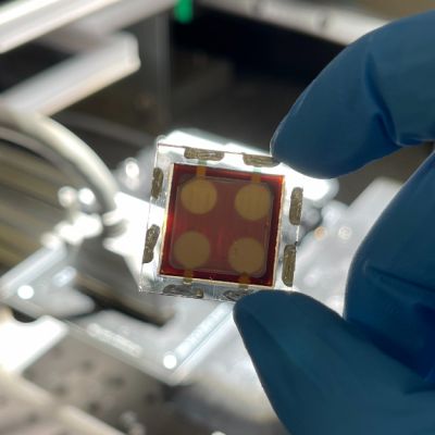 A blue-gloved hand holding a small perovskite solar cell