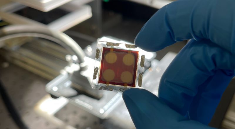 A blue-gloved hand holding a small perovskite solar cell